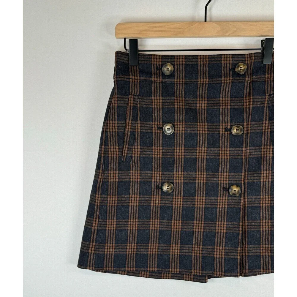 NEW Madewell Womens Skirt Brown Plaid Double-Breasted Mini A Line Tartan XS